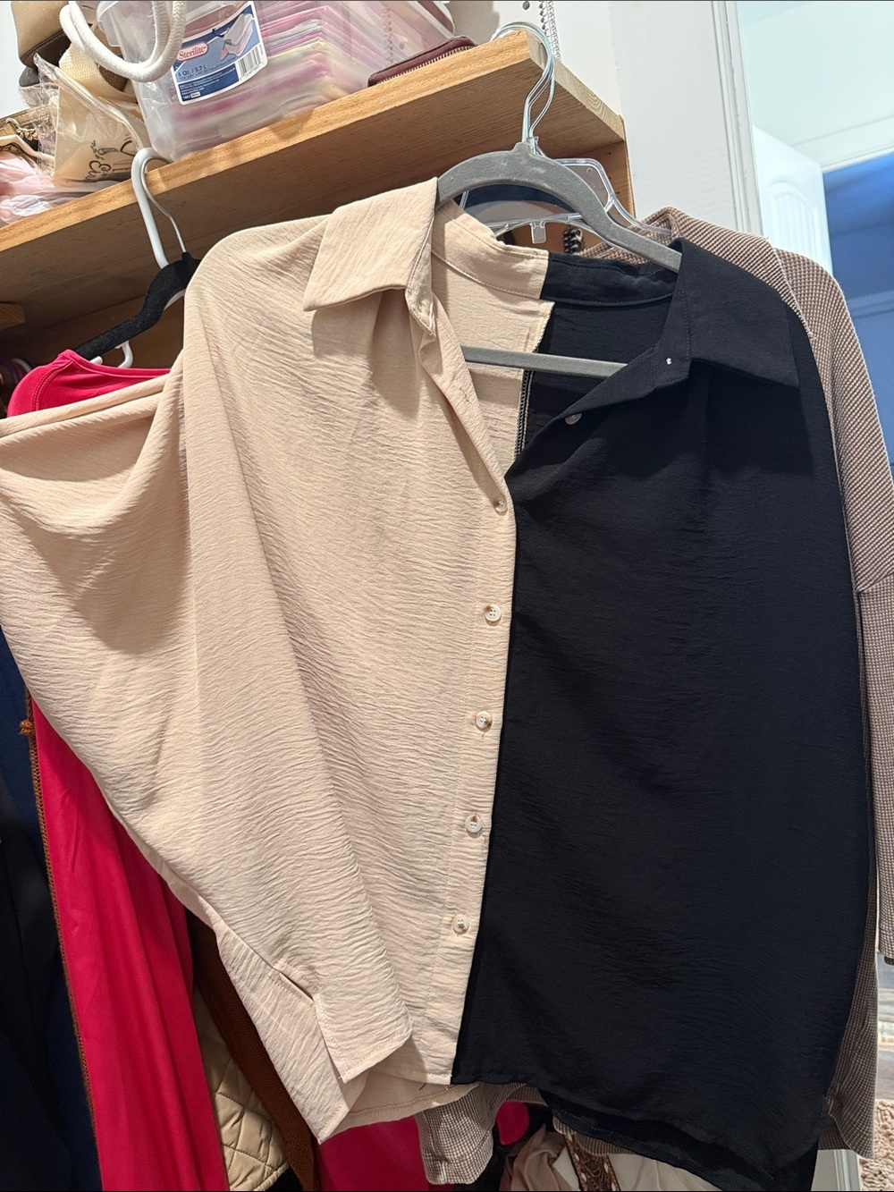 SHEIN Two-Tone Beige and Black Button-Up Blouse